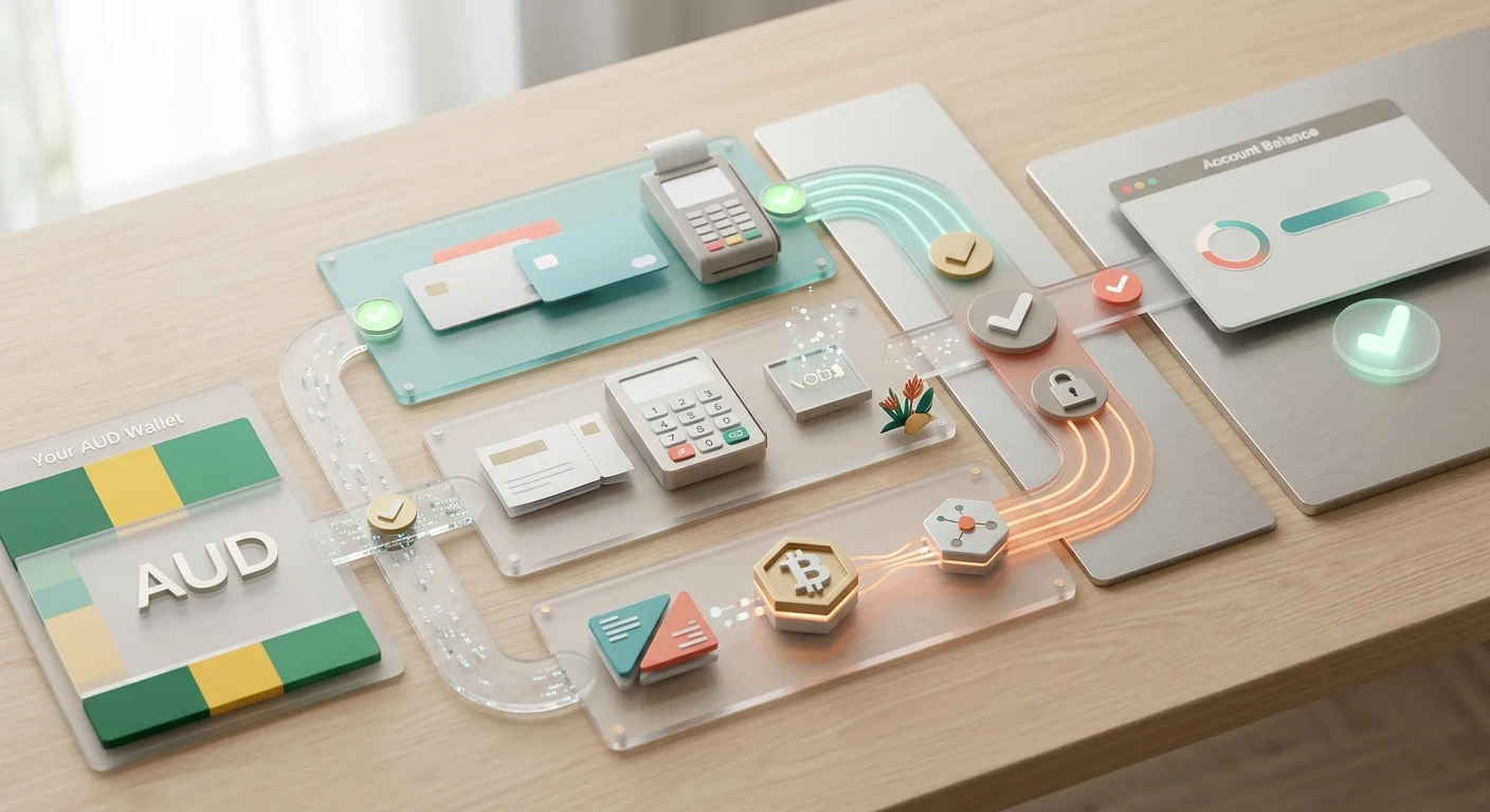 Editorial illustration of an AUD deposit flow using card, voucher and Bitcoin