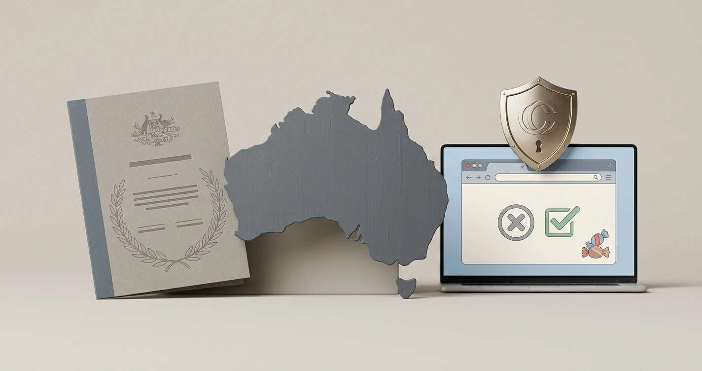 Australia online gambling regulation concept with map, law document and web symbols
