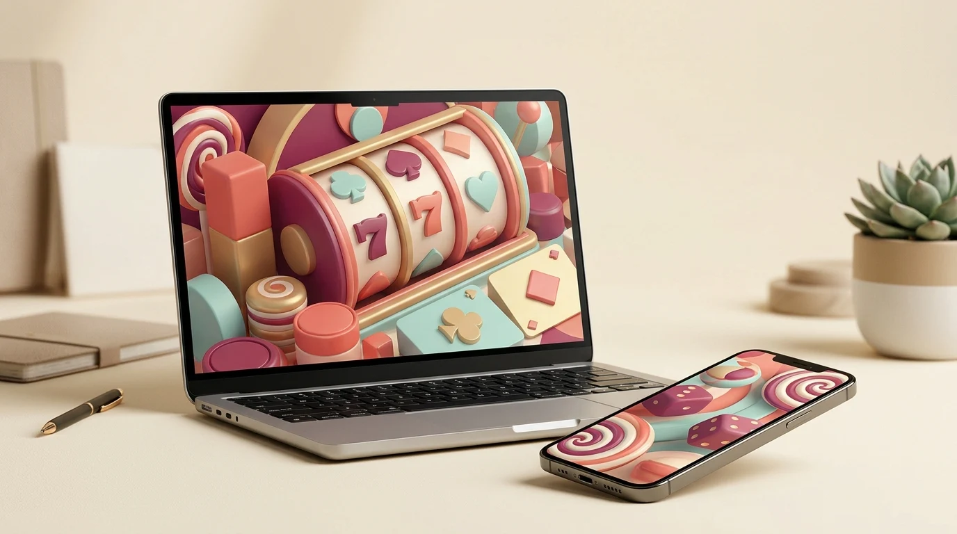 Editorial illustration of a colourful candy-themed casino concept on laptop and phone